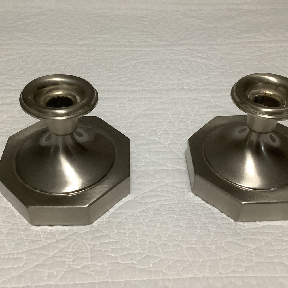 Pewter type candlestick holders